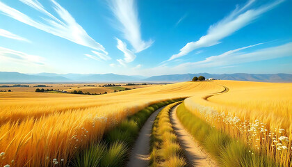 Golden Wheat Field Path Under a Vivid Blue Sky