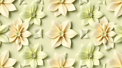 Hexagonal flower pattern with origami-like petals in sage green and cream
