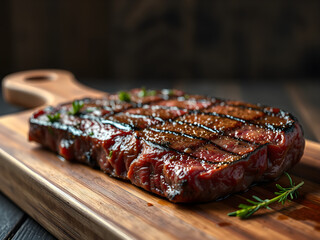 Premium fillet steak with sear marks on wooden board, showcasing rich texture and rustic elegance.