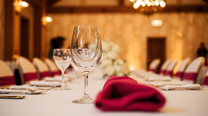 An elegant dinner table setting with wine glasses and a red napkin in a fine dining atmosphere.