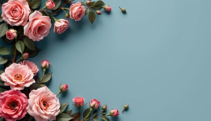 Pink roses in full bloom on a textured blue background, stunning floral display