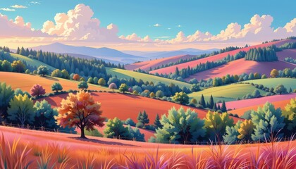A tranquil vista, majestic hills and lush trees in harmony landscape oil painting