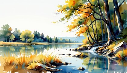 Serene river landscape painting, discover the beauty of nature's tranquil harmony