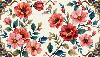 Elegant red floral pattern, natureinspired design with vibrant blooms and lush leaves