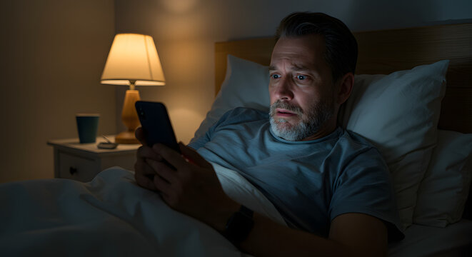 Concerned Middle-aged Man Using Smartphone in Bedroom at Night