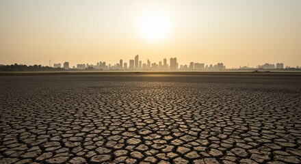 Sunlit City Skyline Over Cracked Earth at Sunset