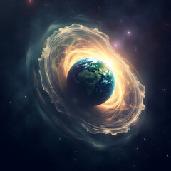 Earth Surrounded by Energy Field in Space