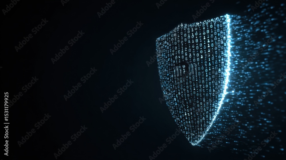 Fototapete Binary Code Shield Glowing Over a Dark Login Field With a Clear Side for User Input