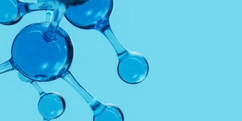 3d Abstract blue glass molecular structures. Cosmetic collagen serum, moisturizer water, vitamin, hyaluronic acid for skin care. Healthcare concept