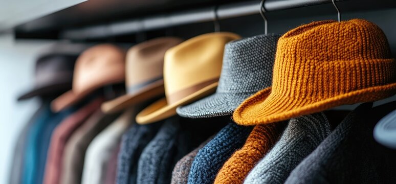 Hats and clothes hanging on closet rod