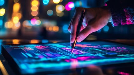 Hand Using Stylus on Illuminated Tablet, Neon City Lights Background
