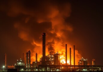 Oil refinery with large fire and smoke plumes at night