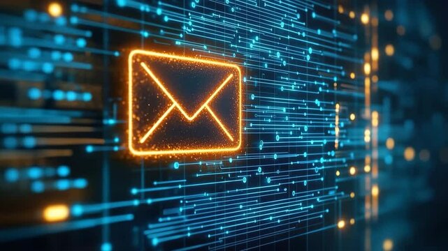 Digital email icon and envelope glowing futuristic circuit board, representing electronic communication, data transfer, and modern technology vibrant abstract network background with secure