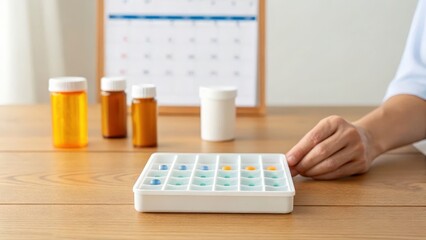 Organizing medications with a weekly pill organizer on a wooden table.