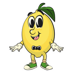 cute lemon mascot cartooncool with a bow tie, fun citrus character vector for summer, work of hand drawn