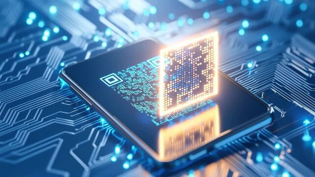 Digital QR code glowing smartphone with futuristic circuit board background, blue neon light, technology innovation, secure data transfer, modern communication, abstract cyber concept, digital - Powered by Adobe