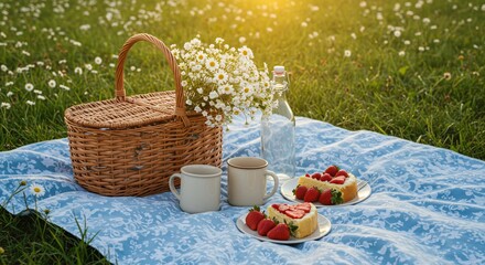 Sunny Picnic Scene with Daisies and Strawberry Cake