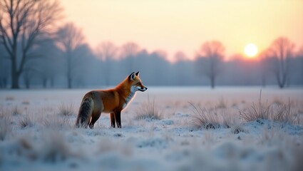 A red fox pauses in a frosty meadow at dawn, its fiery fur glowing against the icy landscape and pale winter light.