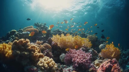Fototapeta premium Vibrant Coral Reef with Tropical Fish Under Sunlit Water