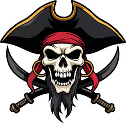 Aggressive Pirate Skull Vector with Black Tricorn Hat, Red Bandana, and Crossed Swords