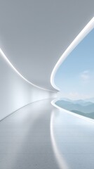 Modern White Curved Corridor Interior With Mountain View