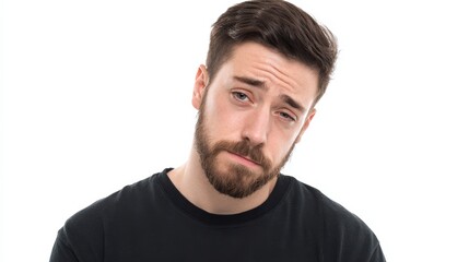 Obraz premium Sad young man portrait. Pensive expression, serious mood. Ideal for websites, social media, blogs.