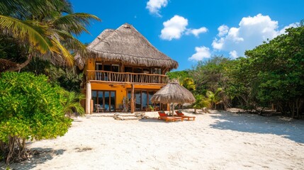 Fototapeta premium Tropical Beachfront House with Thatched Roof