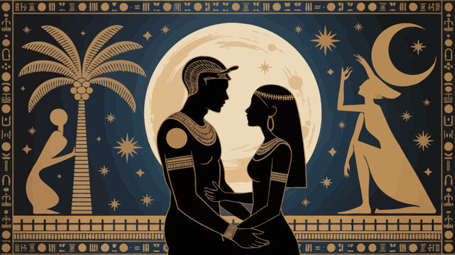 Elegant egyptian couple silhouette design romantic night moon stars palm tree ancient art graphic