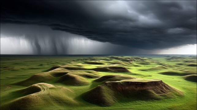 Dark storm clouds gather over a lush green landscape with rolling hills and dramatic weather