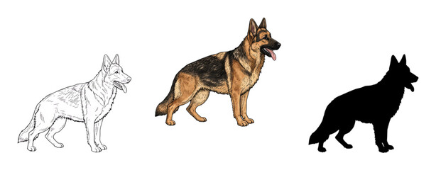 German Shepherd Dog Vector Set – Minimalist, Silhouette & Engraved Styles | High-Quality Line Art for T-Shirts, Stickers & Stock Design

