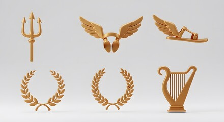 Golden Greek Mythology Symbols 3D Render of Trident, Wings, Sandals, Laurel Wreaths, and Lyre