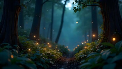 Obraz premium Enchanted Forest Path with Fireflies at Dusk