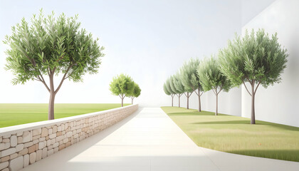 Bright Minimalist Pathway With Olive Trees and Stone Wall