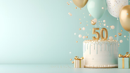 Festive 50th Birthday Cake with Balloons and Gifts on light blue background
