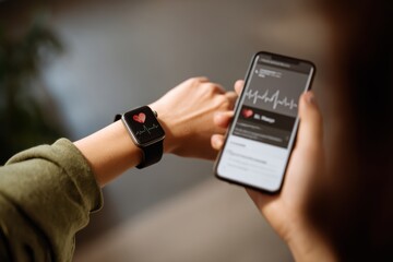 Closeup of woman hand holding smartwatch displaying heart rate monitor, while other hand holds smartphone showing health data. scene conveys sense of health awareness and technology integration