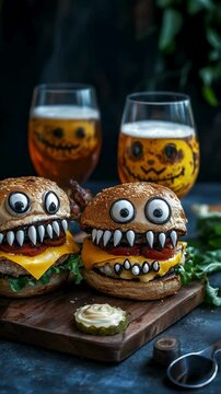 Spooky Halloween Monster Burgers with Jack-o'-lantern Beer
