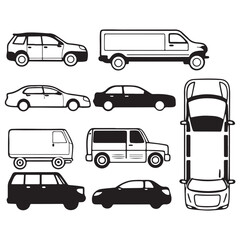Vehicle elevation and top view vector flat illustration collection ideal for architectural design vector