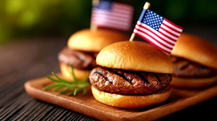 cheese burgers on tray with flags in 4th of july theme. Patriotic culinary display featuring delectable cheeseburgers arranged on a serving platter adorned with festive decorations