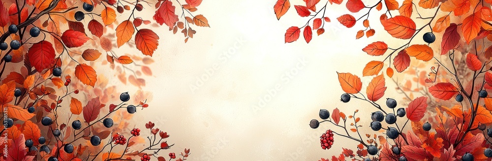 Wall mural autumn leaves and berries in warm tones framing textured background with space in center for seasona