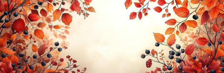 Autumn leaves and berries in warm tones framing textured background with space in center for seasonal or festive text Generative AI