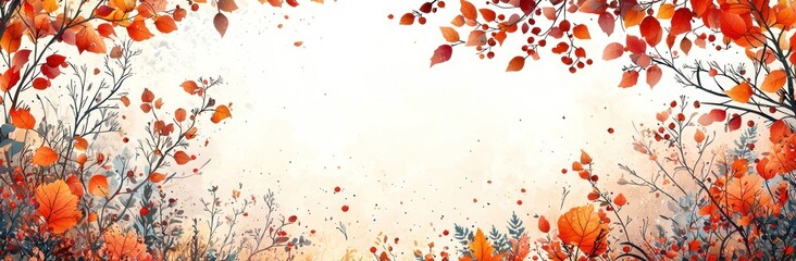 Autumn leaves and berries in warm tones framing textured background with space in center for seasonal or festive text Generative AI