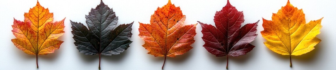 Colorful autumn maple leaves arranged in a row showing seasonal color variation on white background Generative AI