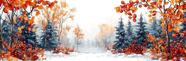 Winter forest landscape with snow-covered ground, autumn leaves, red berries, and evergreen trees in colorful illustration Generative AI