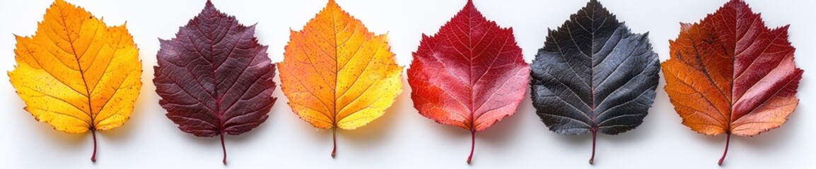 Colorful autumn maple leaves arranged in a row showing seasonal color variation on white background Generative AI