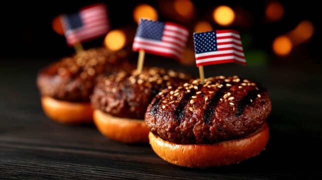 Gourmet Hamburgers with Sesame Seed Buns and American Flag Toothpicks for Memorial Day and 4th of July Celebrations. Patriotic culinary creation delightful burger recipe ideal for summer