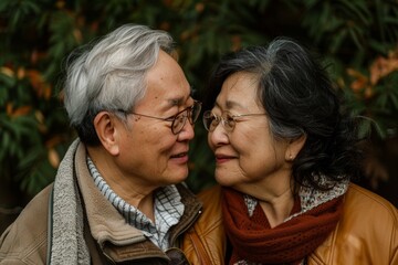 Portrait of a blissful asian couple in their 40s exchanging glances