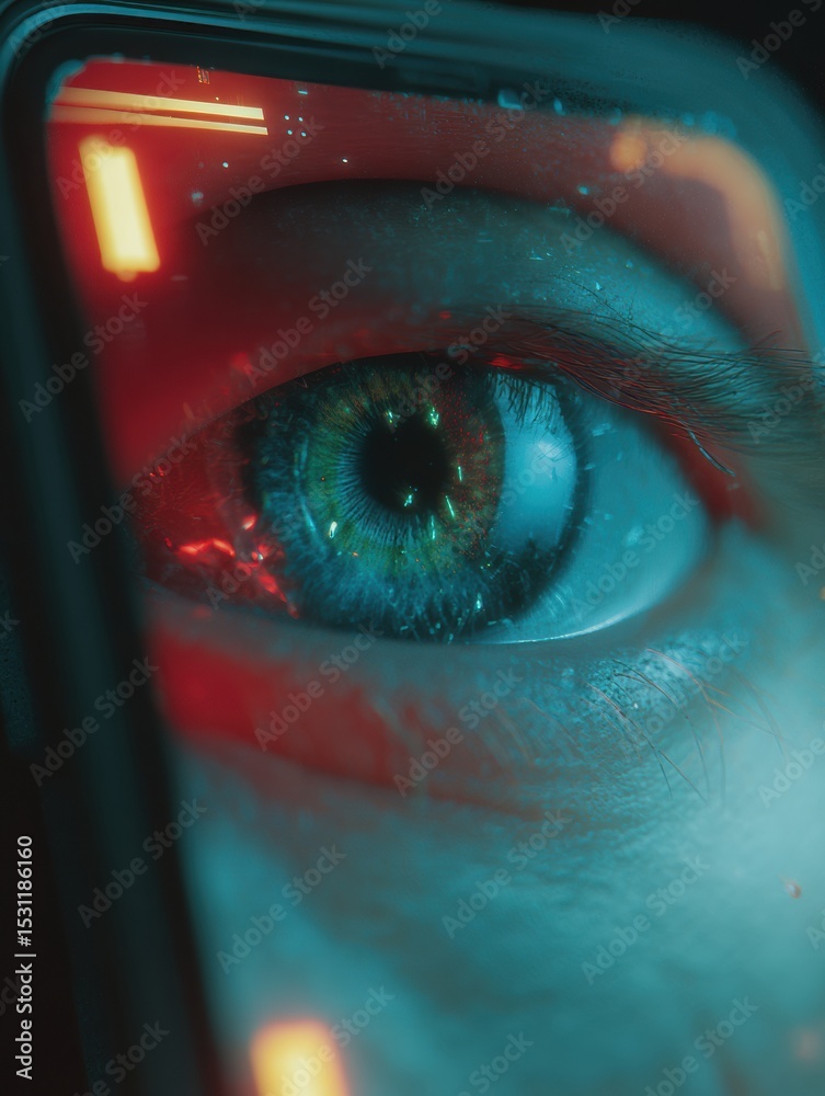 Poster Stylized Eye Reflected in a Smartphone Screen With Cyberpunk Colors and Minimal Background Creating a Vibrant, Futuristic Vibe