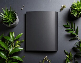 Blank Black Brochure Mockup with Plants on a Dark Desk