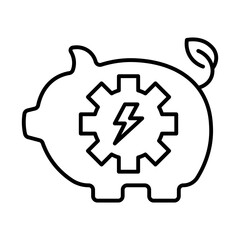 An outlined icon of a piggy bank with a gear inside, representing the connection between energy efficiency and economic management.