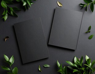 Blank Black Brochure Mockup with Plants on a Dark Desk